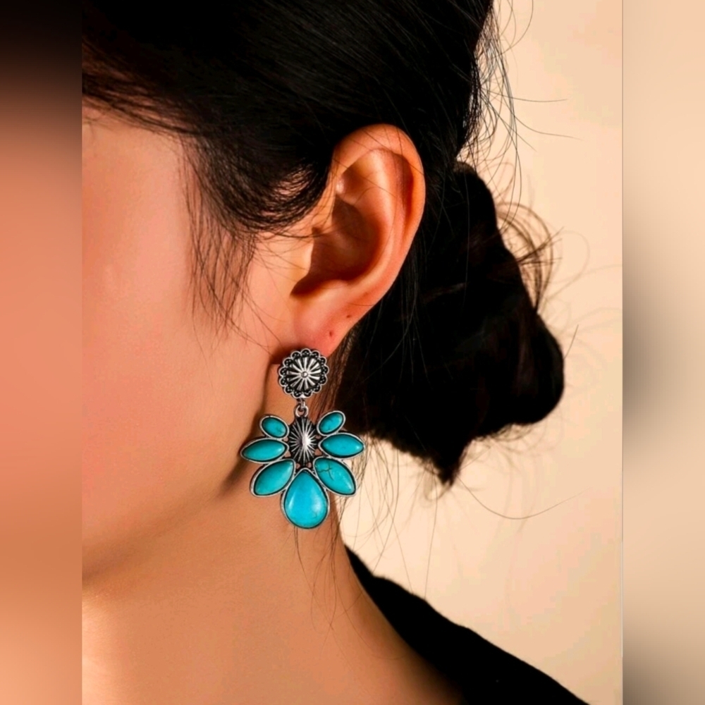 Western Faux Turquoise Silver Drop Earrings